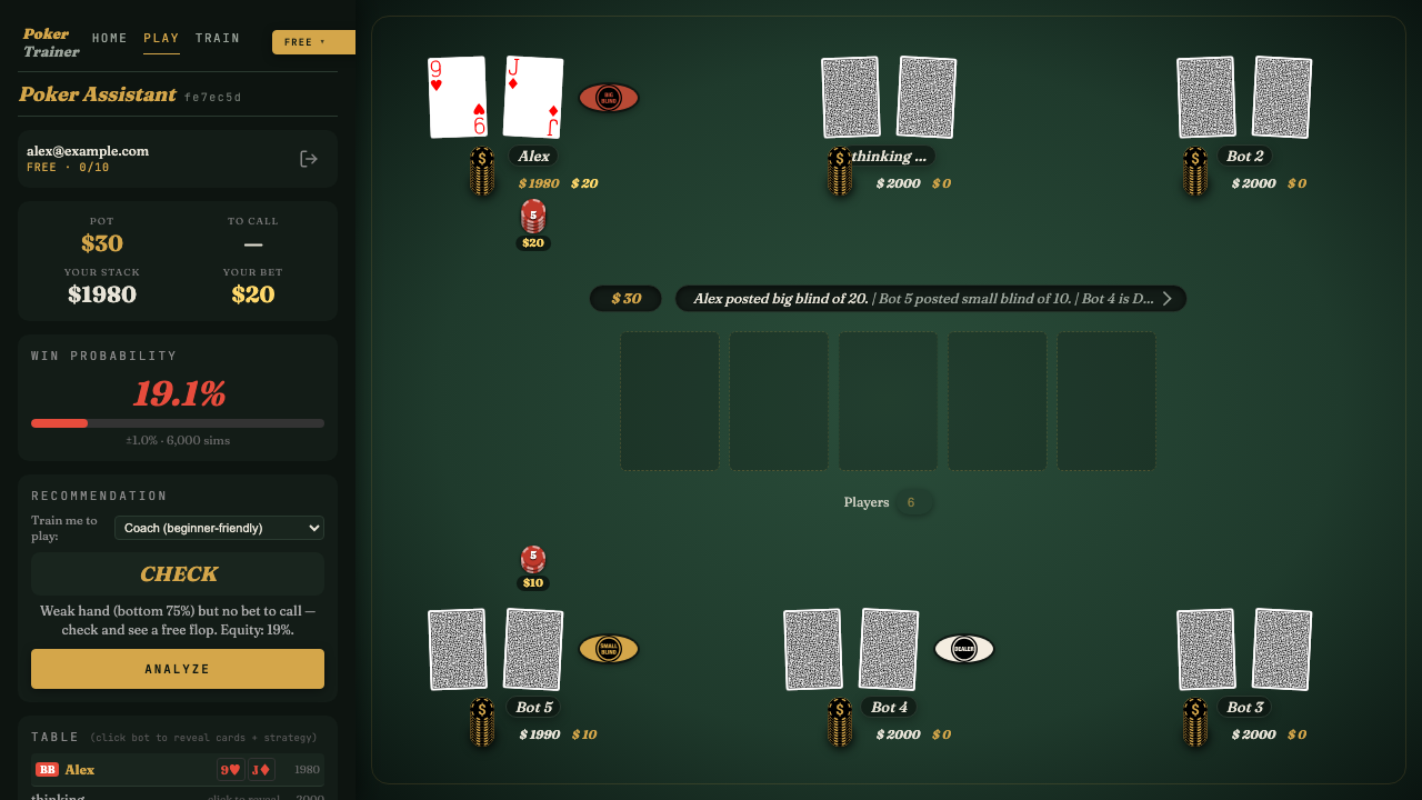 Preflop with hole cards and equity panel
