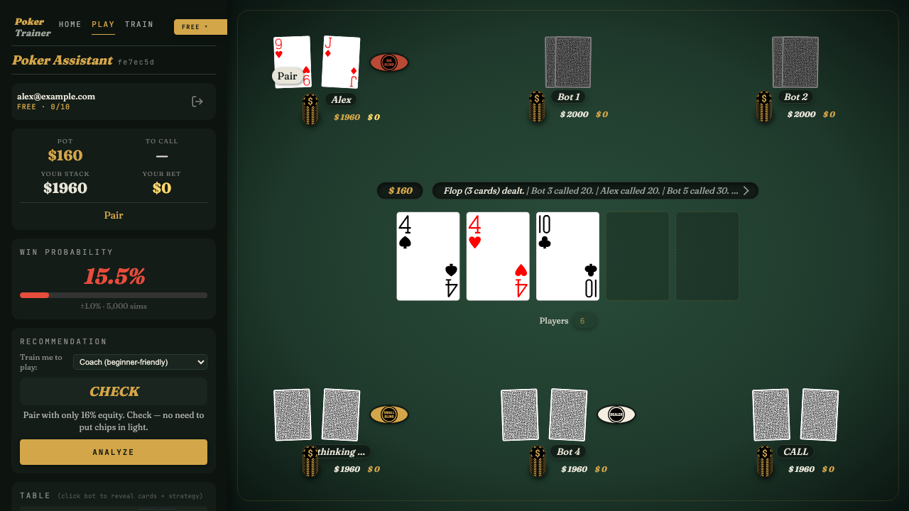 Turn dealt; coach reasoning visible